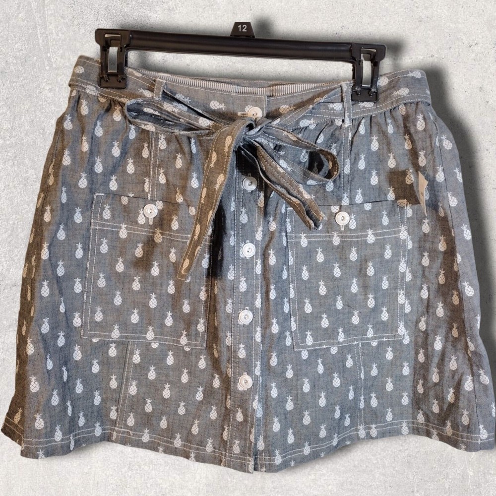 Keds Women's L Grey & White Pineapple Print Belted Tie Front Skirt NWT